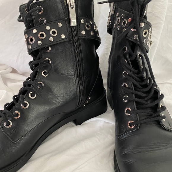 ZARA Trafaluc Black Leather Studded Combat Ankle Boots - Picture 5 of 8